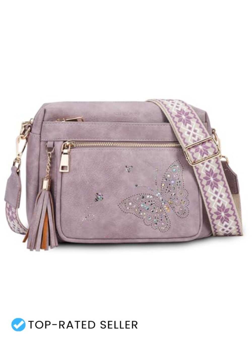 PU Leather Crossbody Bag Quilted Butterfly Tassel Adjustable Strap